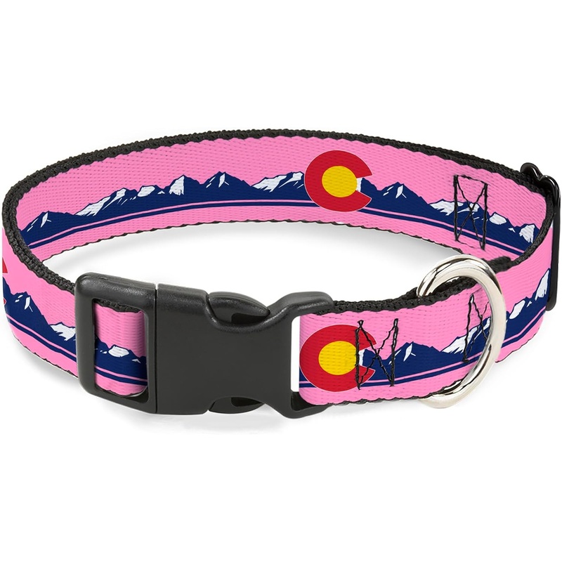 Buckle-Down Pet Collar, Colorado Flag Icon Mountain Skyline Pink Blue White, 13 - 17