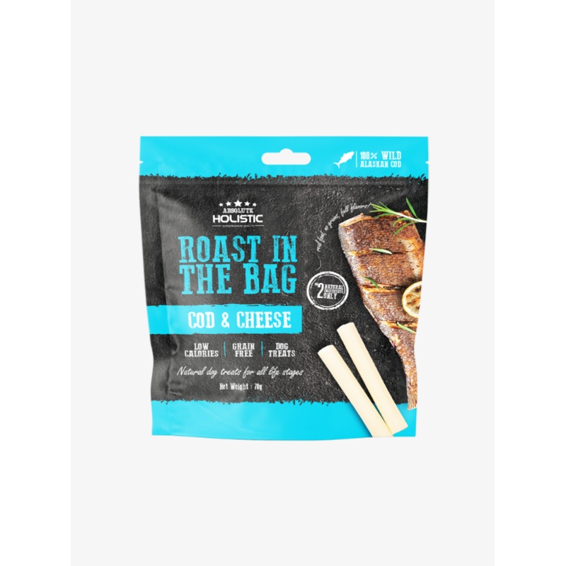 Absolute Holistic Roast In The Bag Natural Dog Treats  Cod & Cheese 70g