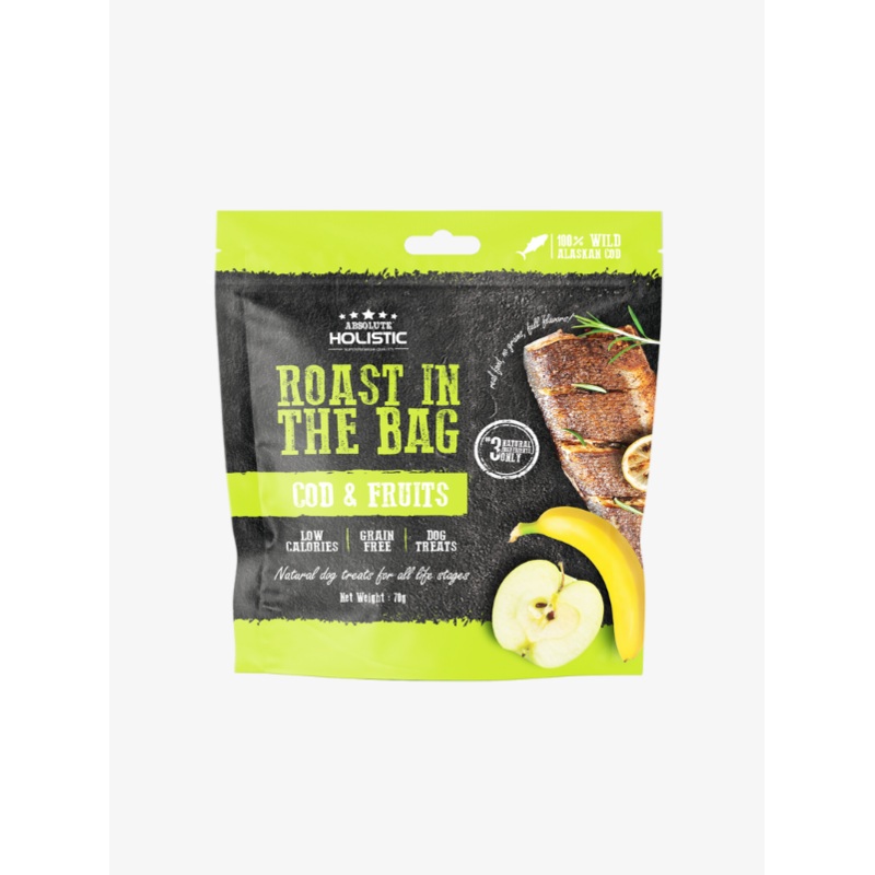 Absolute Holistic Roast In The Bag Natural Dog Treats  Cod & Fruits 70g