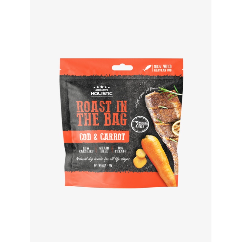 Absolute Holistic Roast In The Bag Natural Dog Treats  Cod & Carrot 70g