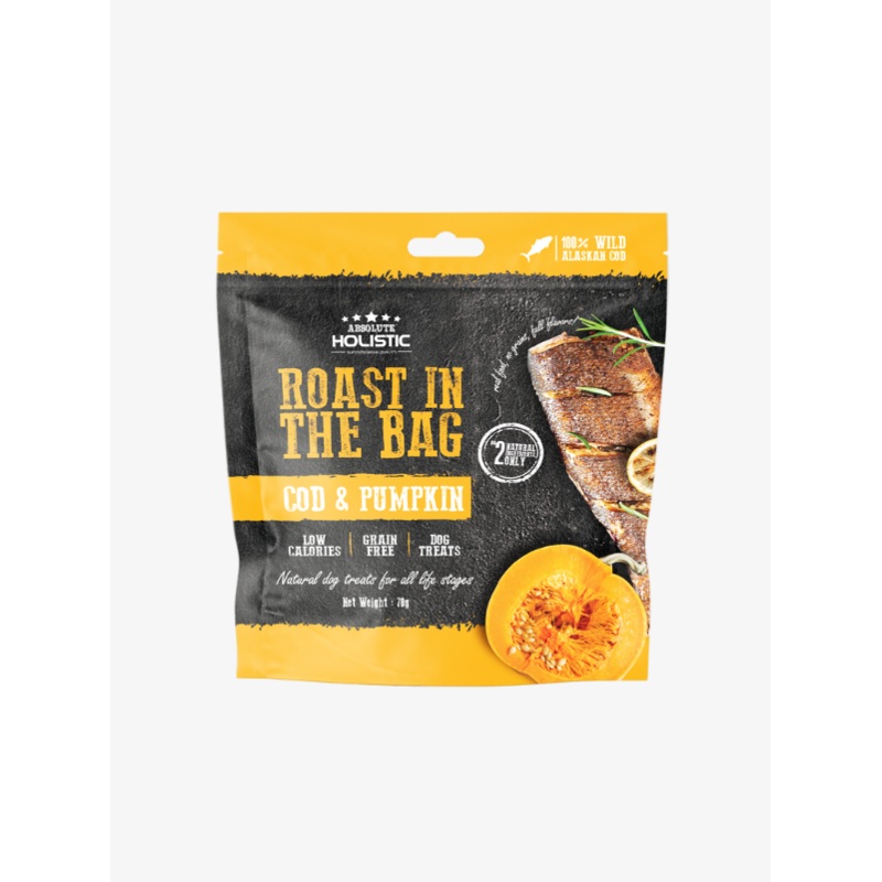 Absolute Holistic Roast In The Bag Natural Dog Treats  Cod & Pumpkin 70g
